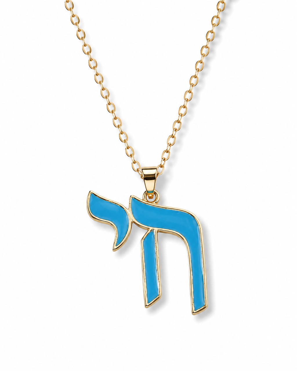 Gold tone Enamel Chai Necklace with blue enamel detailing on a white background.