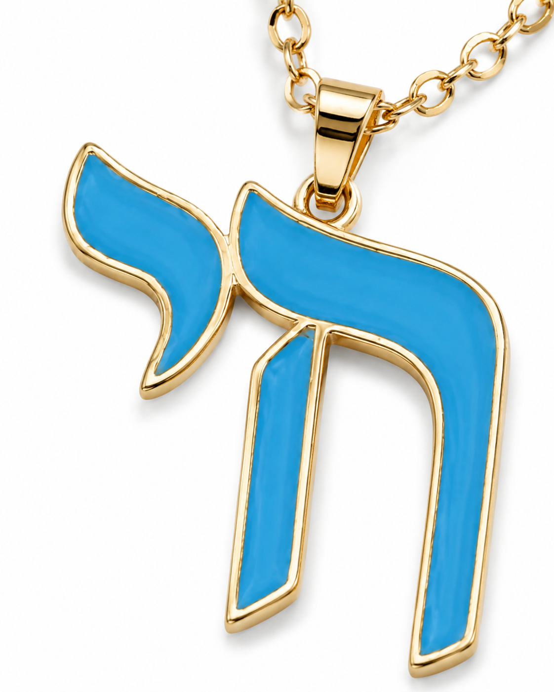 Close-up of the Enamel Chai pendant with blue enamel detailing and a gold tone finish.