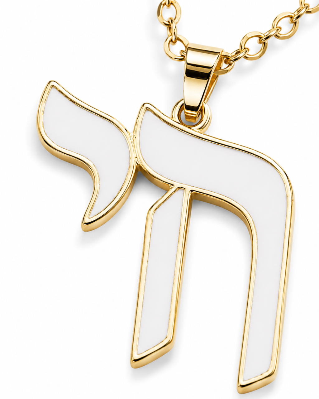 Close-up of the gold tone Chai pendant with smooth white enamel detailing.