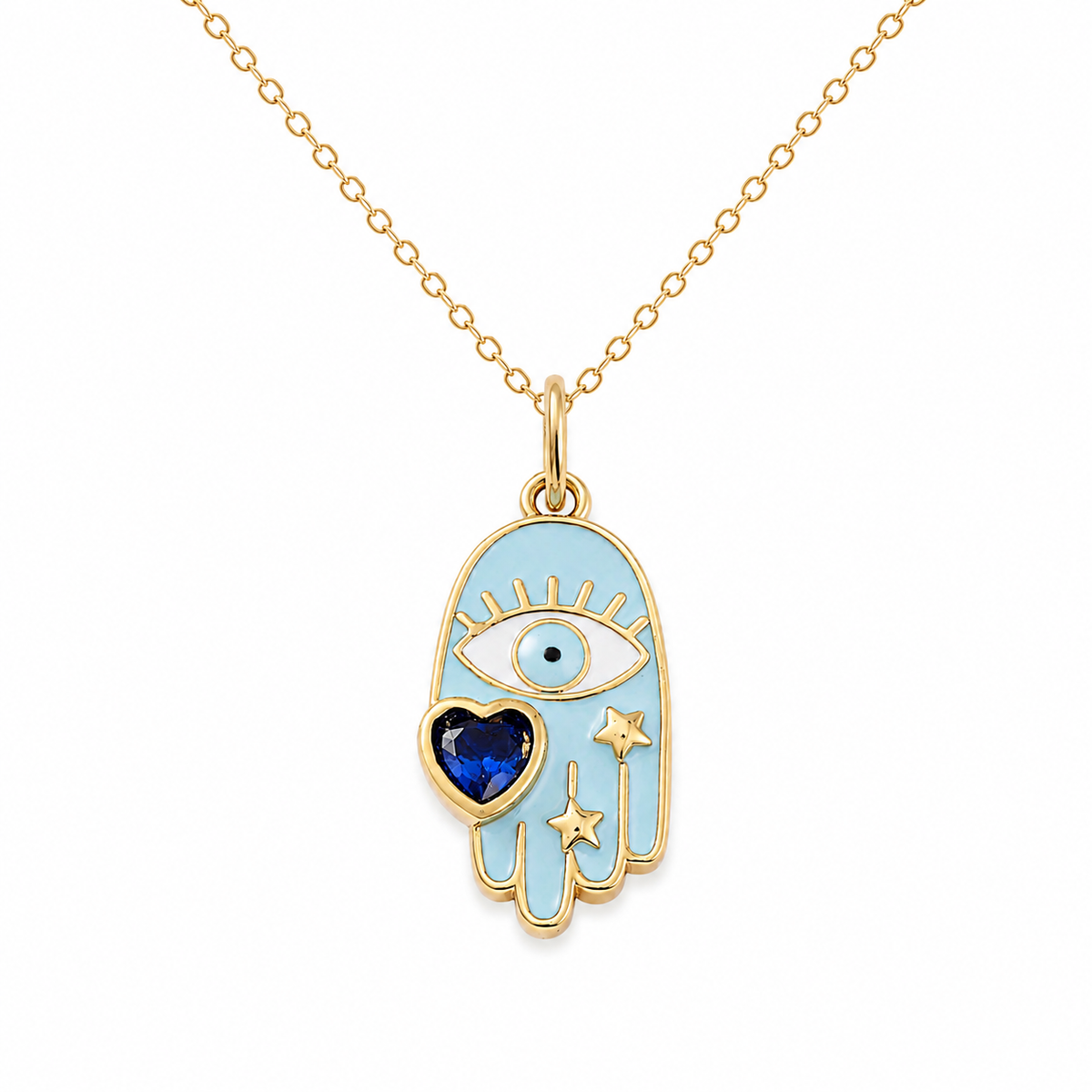 Enamel Hamsa Necklace in Gold Tone with light blue enamel Hamsa pendant on white background.