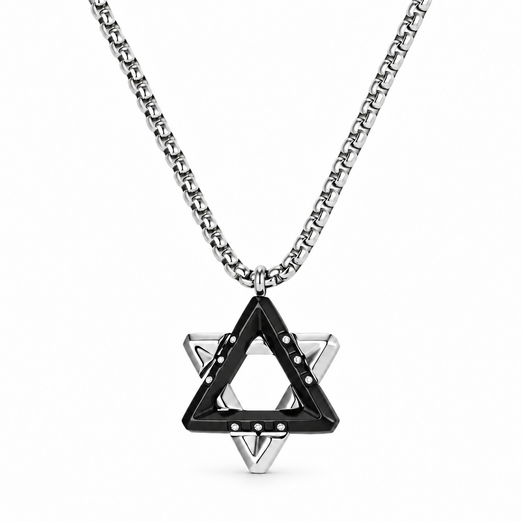 Ezra black Star of David necklace with silver-tone detailing and a silver-tone rolo chain on a white background.