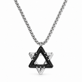 Ezra black Star of David necklace with silver-tone detailing and a silver-tone rolo chain on a white background.