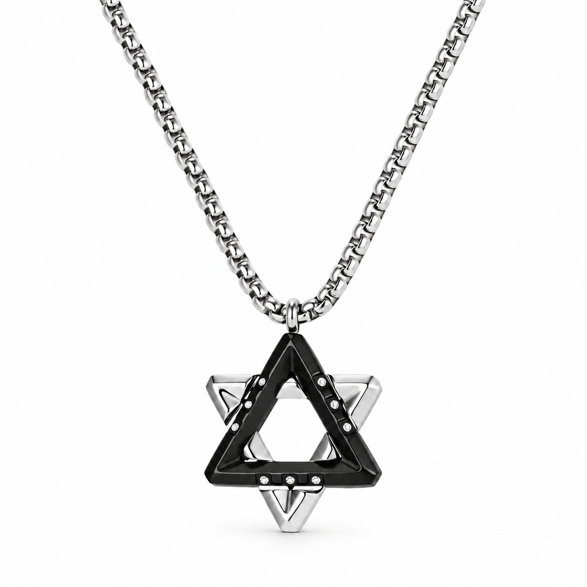 Ezra black Star of David necklace with silver-tone detailing and a silver-tone rolo chain on a white background.