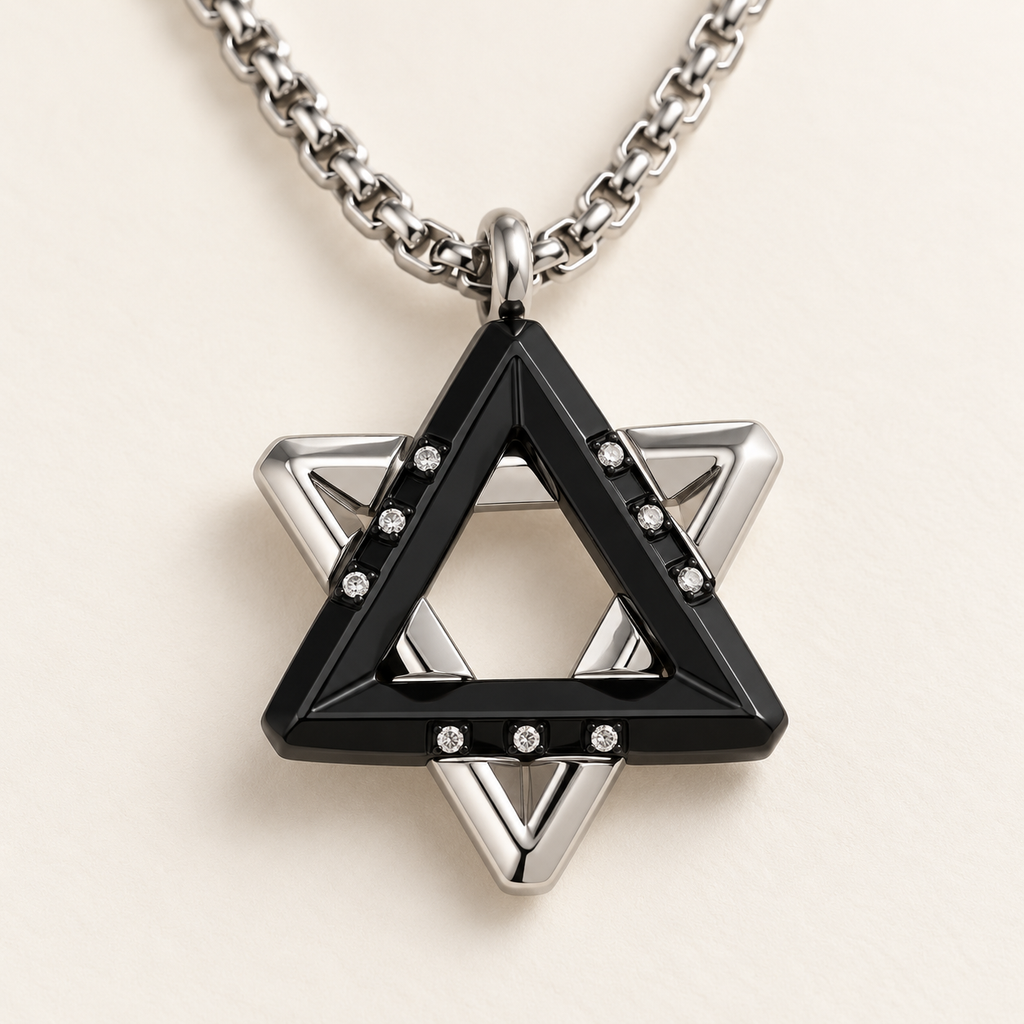 Close-up of the Ezra black Star of David pendant showing layered triangles and cubic zirconia accents.