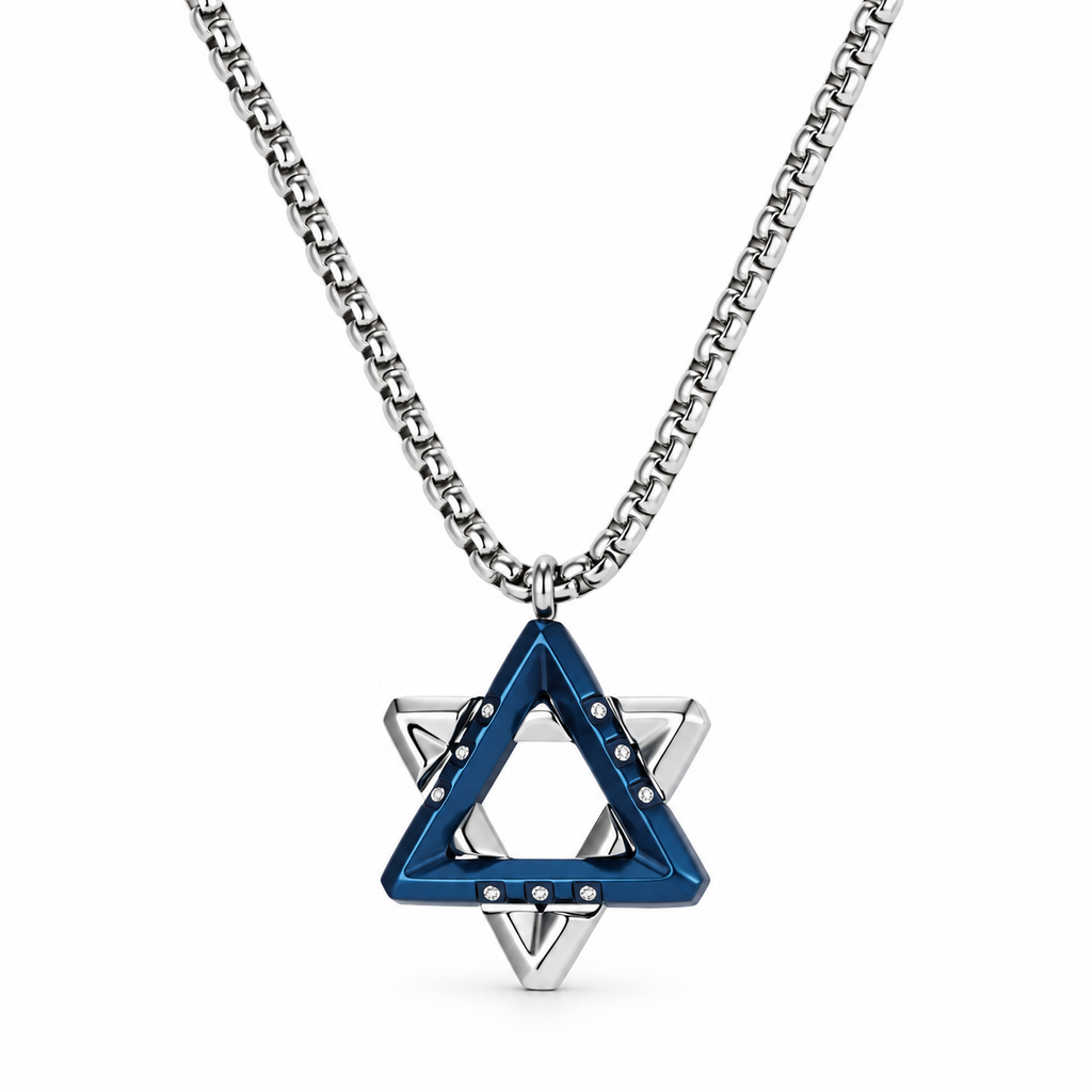 Ezra blue Star of David necklace with silver-tone detailing and a silver-tone rolo chain on a white background.