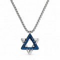 Ezra blue Star of David necklace with silver-tone detailing and a silver-tone rolo chain on a white background.