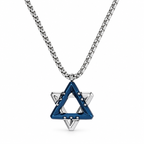 Ezra blue Star of David necklace with silver-tone detailing and a silver-tone rolo chain on a white background.
