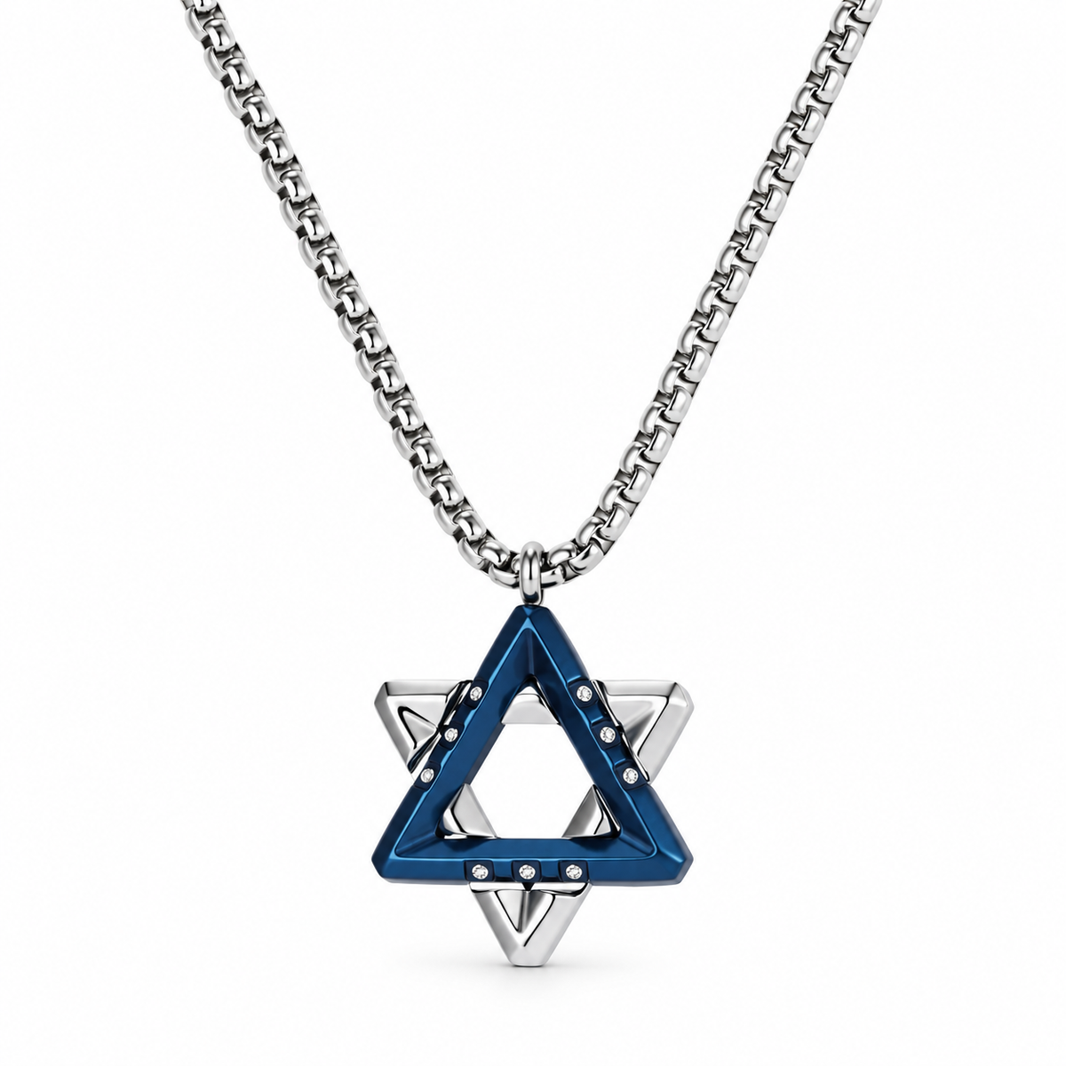 Ezra blue Star of David necklace with silver-tone detailing and a silver-tone rolo chain on a white background.