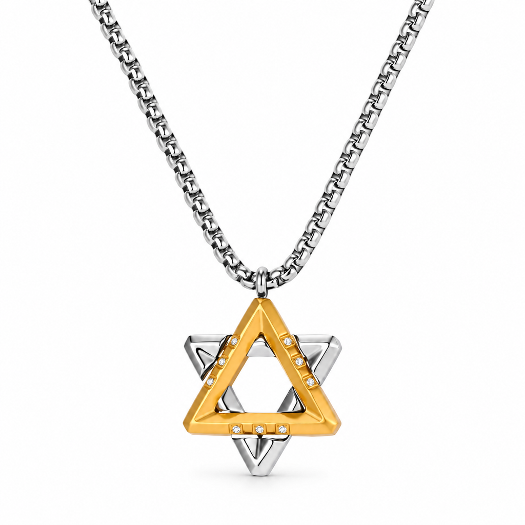 Ezra gold-tone Star of David necklace with silver-tone detailing and a silver-tone rolo chain on a white background.