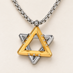 Close-up of the Ezra gold-tone Star of David pendant showing layered triangles and cubic zirconia accents.