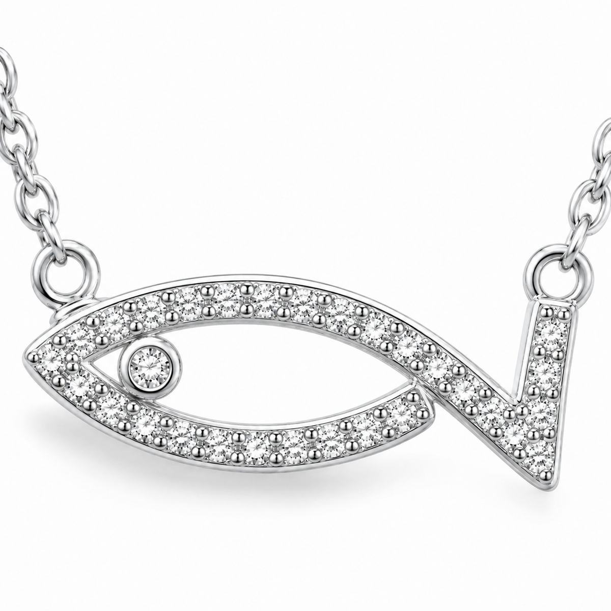 Close-up of the Haifa Fish Necklace silver tone fish pendant with pavé-set cubic zirconia.