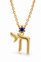 Gold tone Jerusalem Chai Necklace with navy enamel Star of David detailing on a white background.