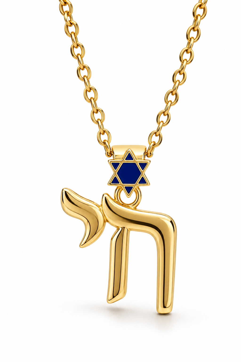 Gold tone Jerusalem Chai Necklace with navy enamel Star of David detailing on a white background.