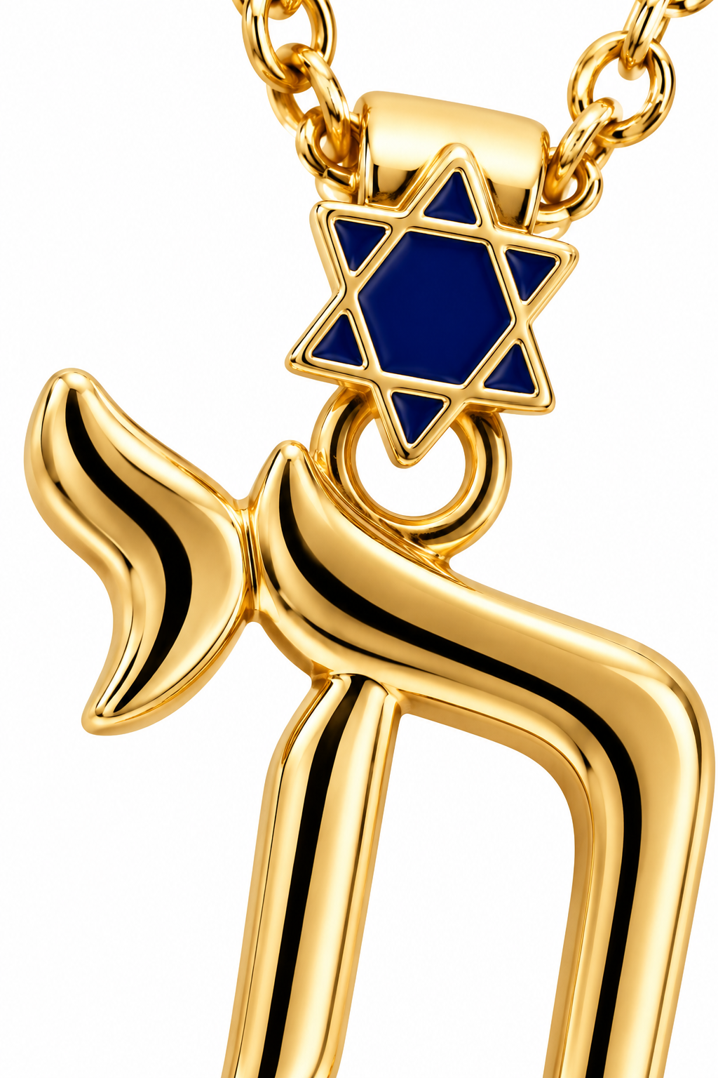 Close-up of the Jerusalem Chai pendant with navy enamel Star of David detailing and a gold tone finish.