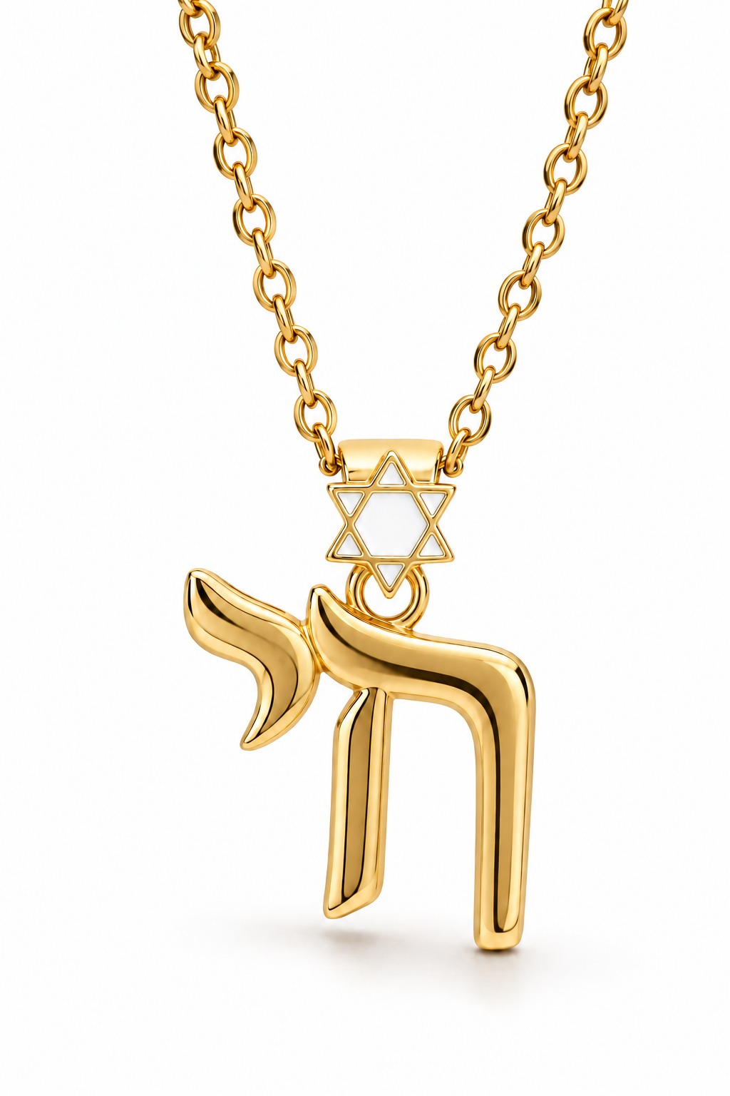 Gold tone Jerusalem Chai necklace with white enamel Star of David detail on a white background.