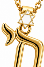 Close-up of the gold tone Jerusalem Chai pendant with white enamel Star of David detail.