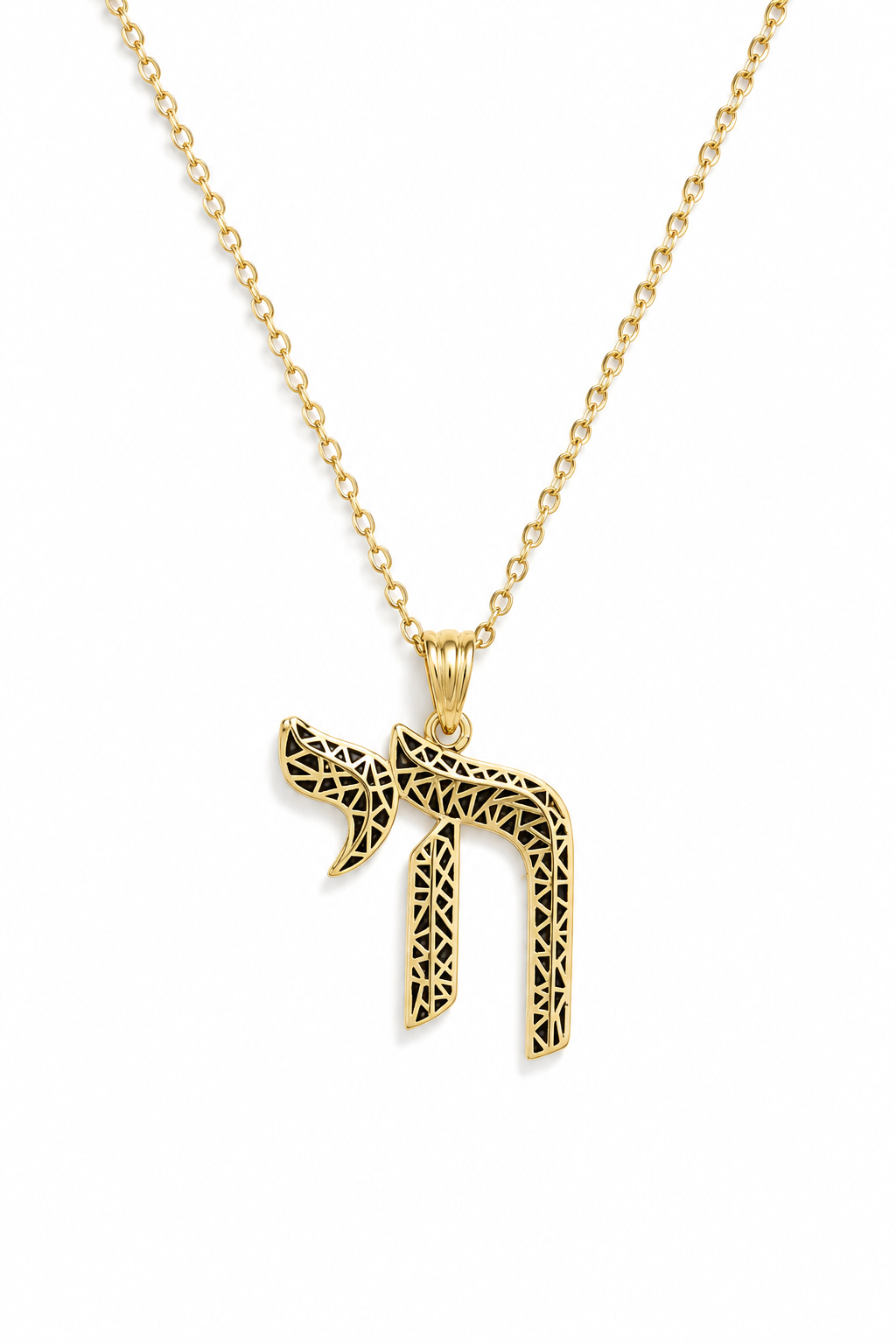 Gold tone Laser-Cut Chai Necklace on a white background.