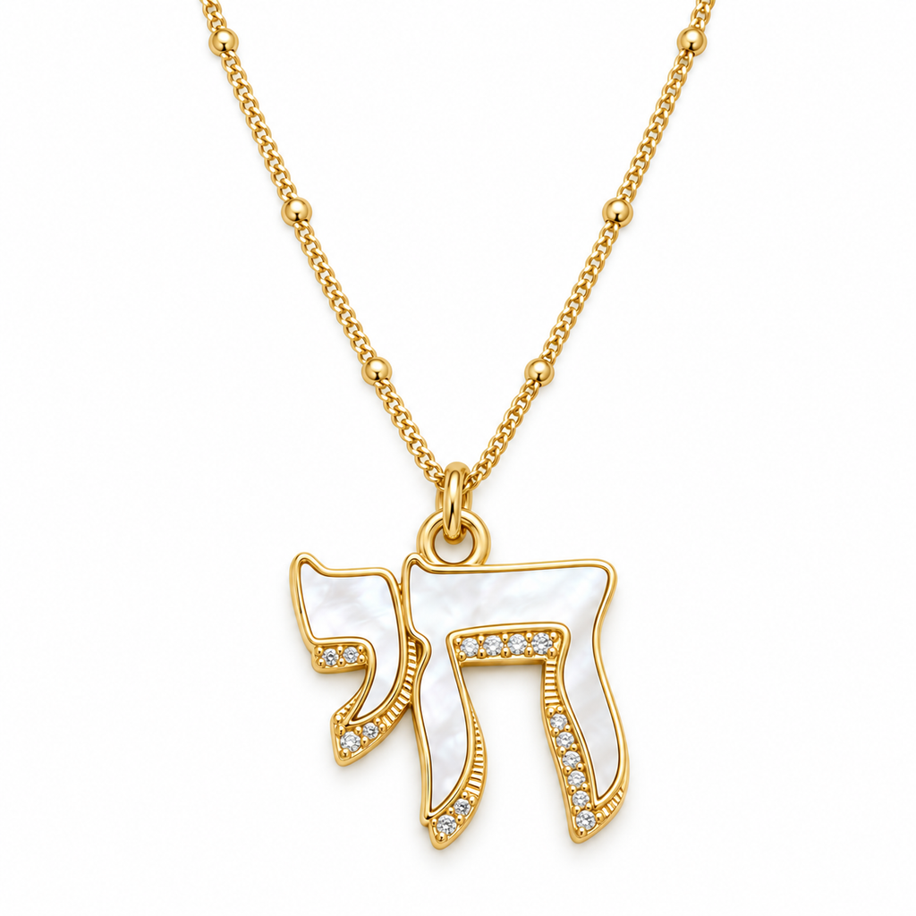 Lev Chai Necklace with mother-of-pearl pendant, pavé cubic zirconia and gold tone beaded link chain.