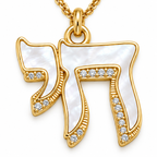 Close-up of Lev Chai Necklace with mother-of-pearl and pavé cubic zirconia Chai pendant.
