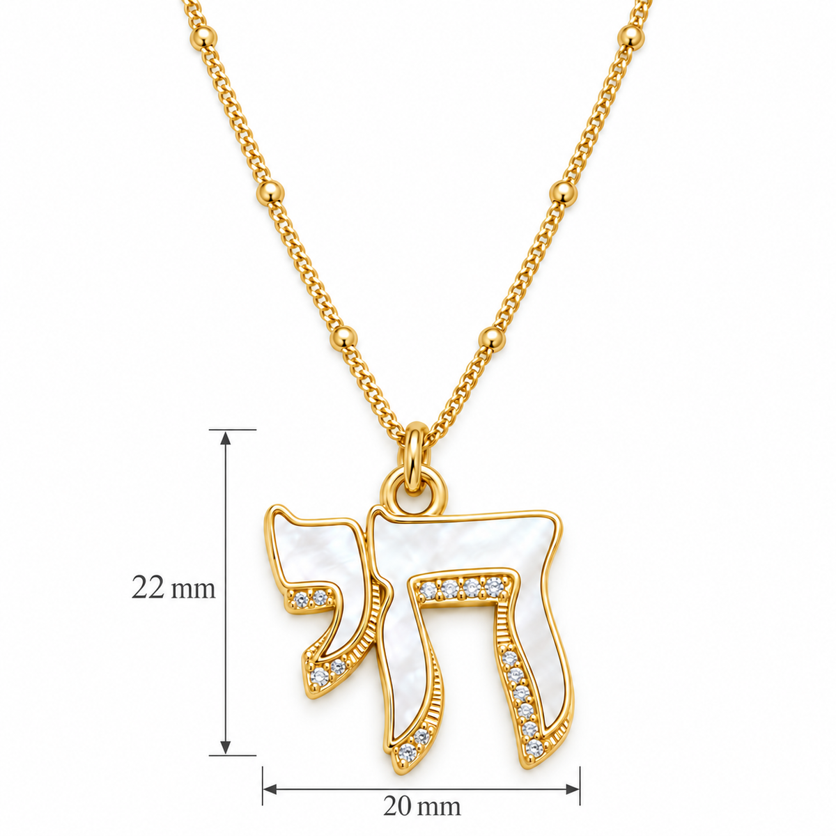 Lev Chai Necklace showing the pendant’s approximate 22 by 20 mm dimensions.