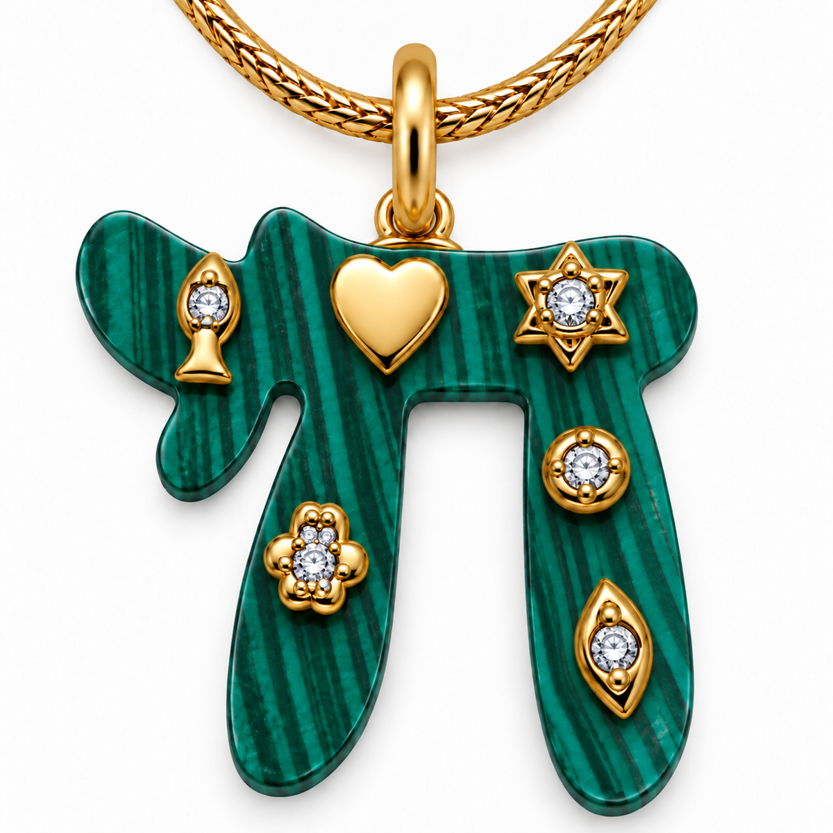 Close-up of the green Chai pendant with a heart, fish, Star of David, Hamsa, evil eye, and round stone accent.
