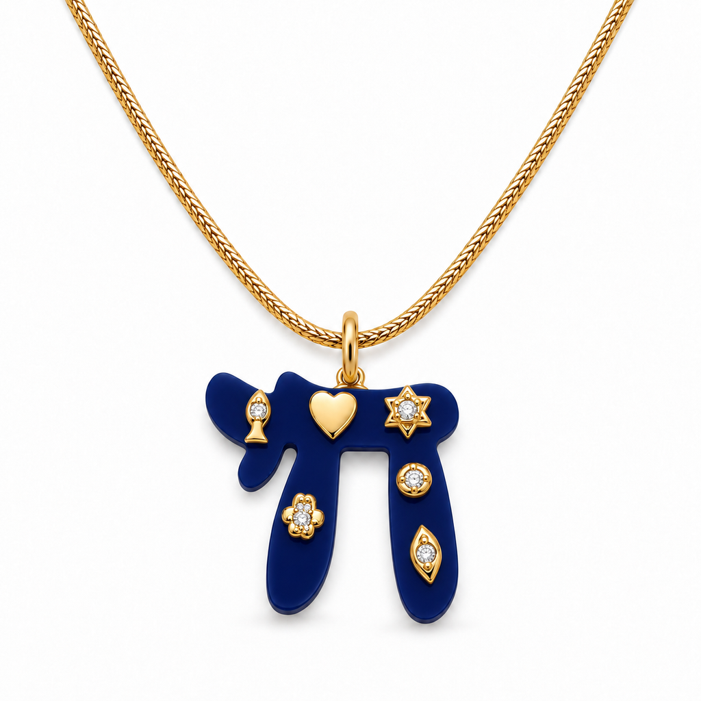 Navy Lucky Chai Necklace with gold tone snake chain and symbolic charms on a white background.