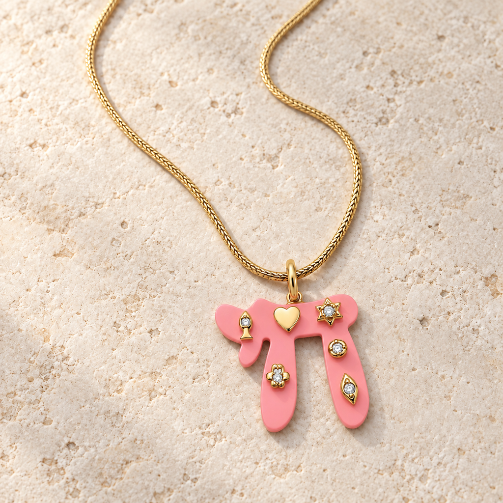 Pink Lucky Chai Necklace arranged on pale textured stone in soft natural light.