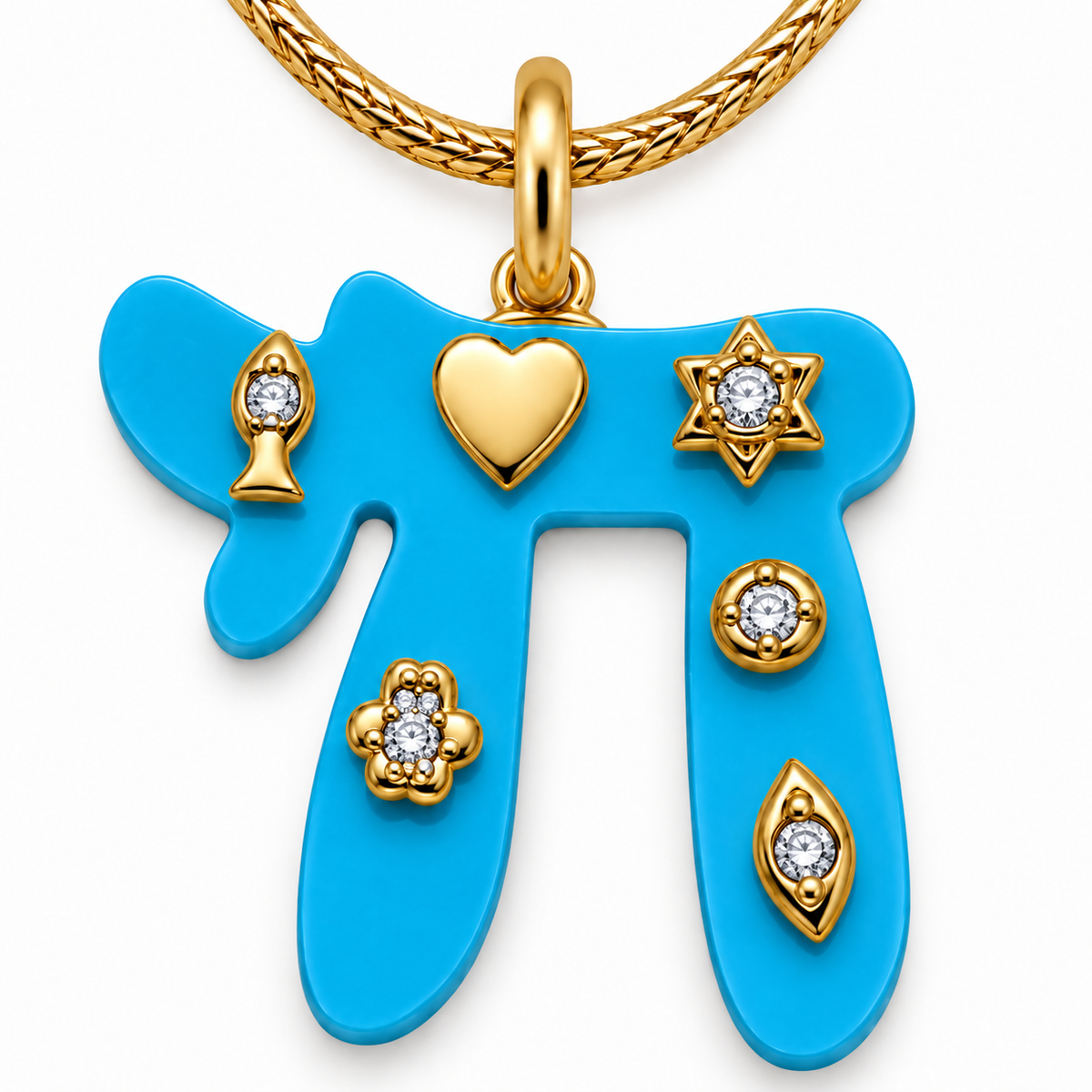 Close-up of the turquoise Chai pendant with a heart, fish, Star of David, Hamsa, evil eye, and round stone accent.