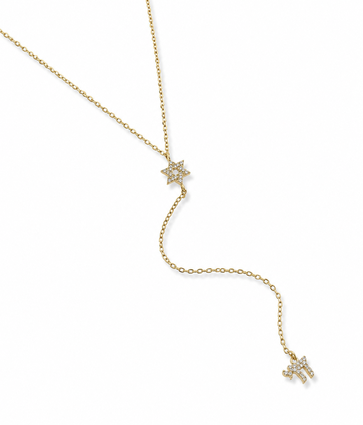 Gold tone Magen David Lariat Necklace with pavé Star of David and Chai symbols on a white background.