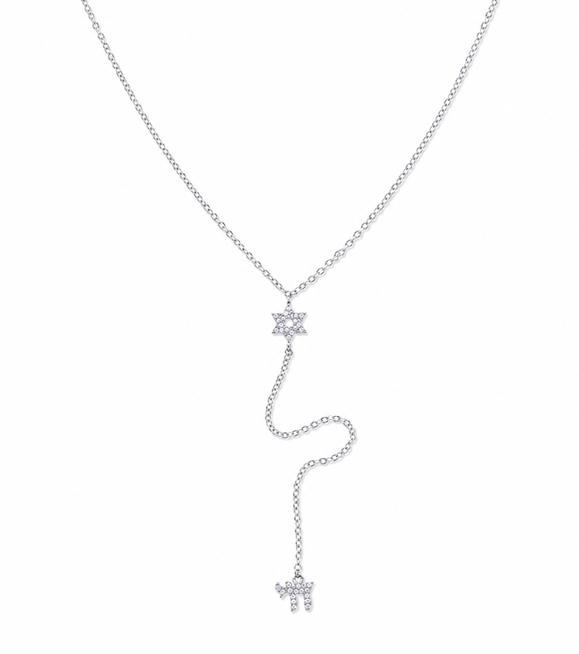 Silver tone Magen David Lariat Necklace with pavé Star of David and Chai symbols on a white background.