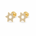 Gold tone Magen David pavé stud earrings in 925 sterling silver on a white background.