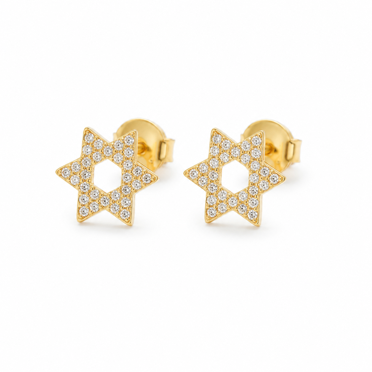Gold tone Magen David pavé stud earrings in 925 sterling silver on a white background.