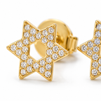Close-up of the gold tone Star of David (Magen David) pavé stud earrings.