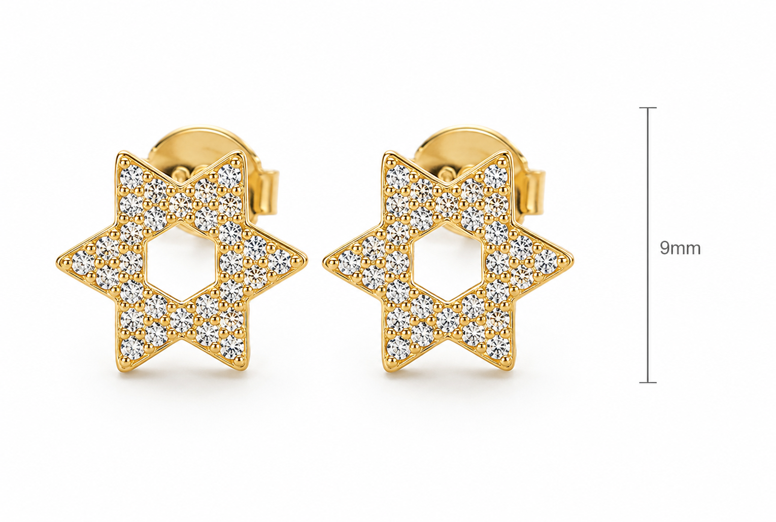 Gold tone Magen David pavé stud earrings shown with size reference.