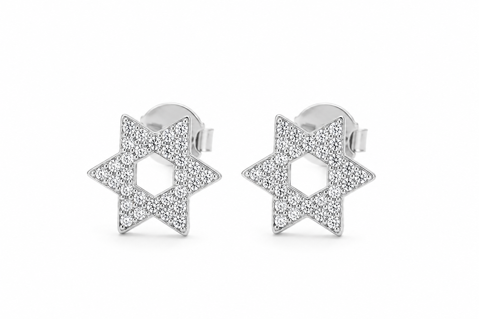 Silver tone Magen David pavé stud earrings in 925 sterling silver on a white background.