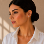 Model wearing the silver tone Magen David pavé stud earrings.