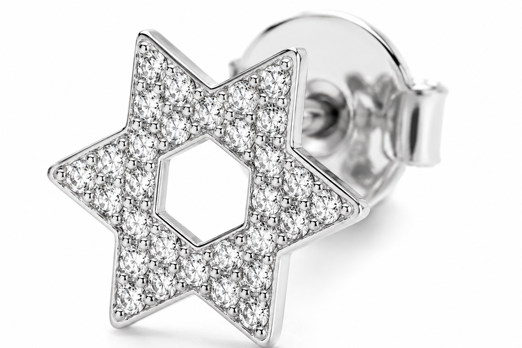 Close-up of the silver tone Star of David (Magen David) pavé stud earrings.