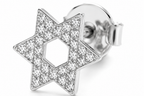Close-up of the silver tone Star of David (Magen David) pavé stud earrings.