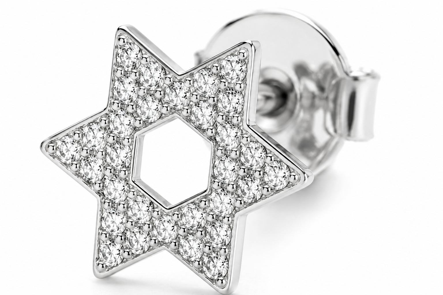 Close-up of the silver tone Star of David (Magen David) pavé stud earrings.