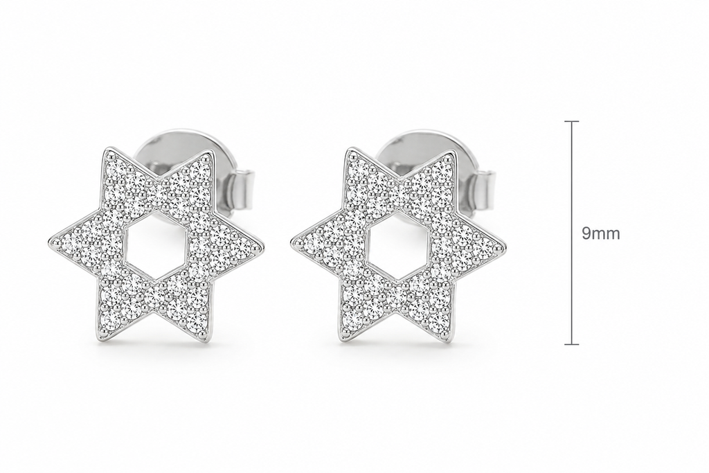 Silver tone Magen David pavé stud earrings shown with size reference.