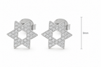 Silver tone Magen David pavé stud earrings shown with size reference.