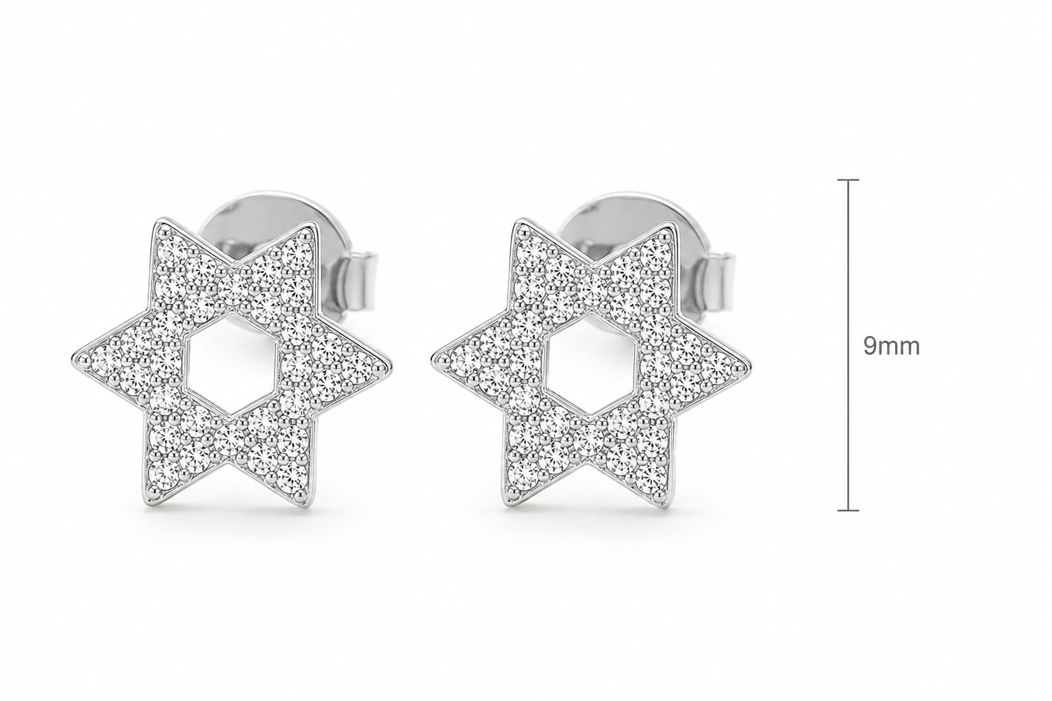 Silver tone Magen David pavé stud earrings shown with size reference.
