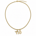 Gold tone Neshama Charm Necklace with Chai and open Star of David charms on a white background.