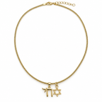 Gold tone Neshama Charm Necklace with Chai and open Star of David charms on a white background.