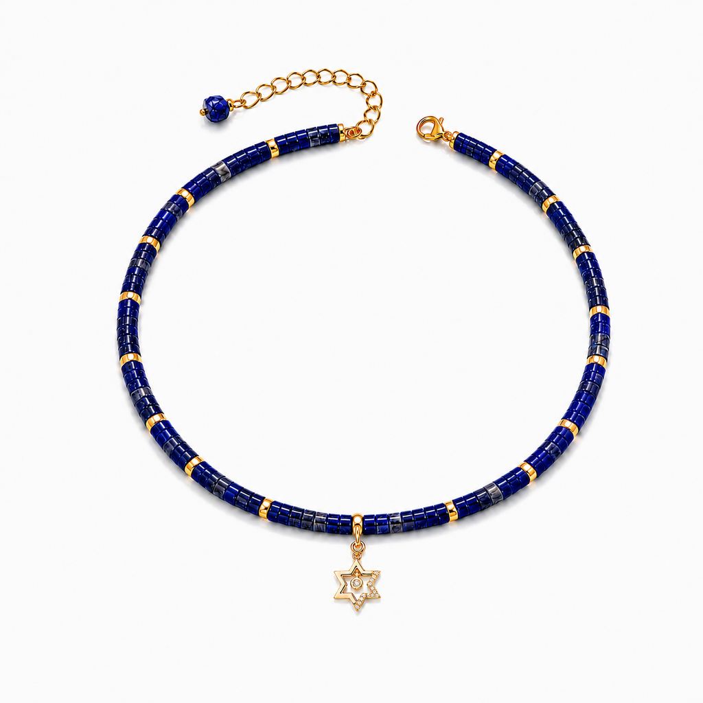 Noa Star of David Beaded Choker Necklace with lapis beads and gold tone charm.