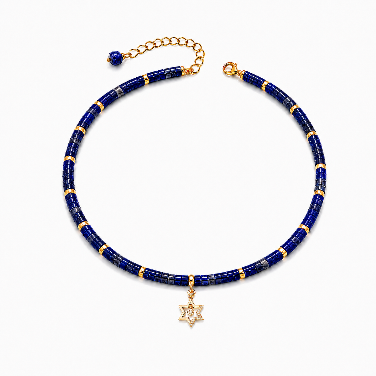 Noa Star of David Beaded Choker Necklace with lapis beads and gold tone charm.