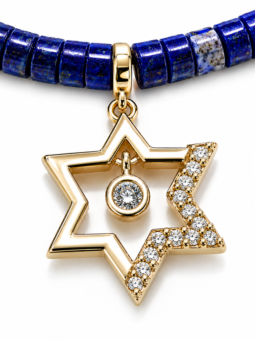 Close-up of Noa Lapis Beaded Choker with gold tone Star of David charm.