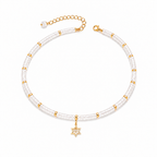 Noa Star of David Beaded Choker Necklace with white quartz beads and gold tone charm.