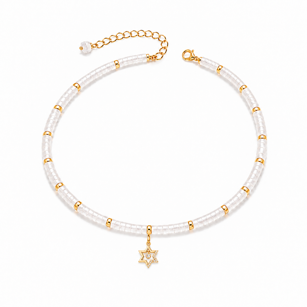 Noa Star of David Beaded Choker Necklace with white quartz beads and gold tone charm.