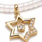 Close-up of Noa White Quartz Beaded Choker with gold tone Star of David charm.
